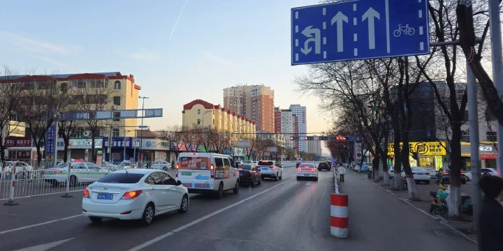 傍晚街道上的车辆、树木与路牌