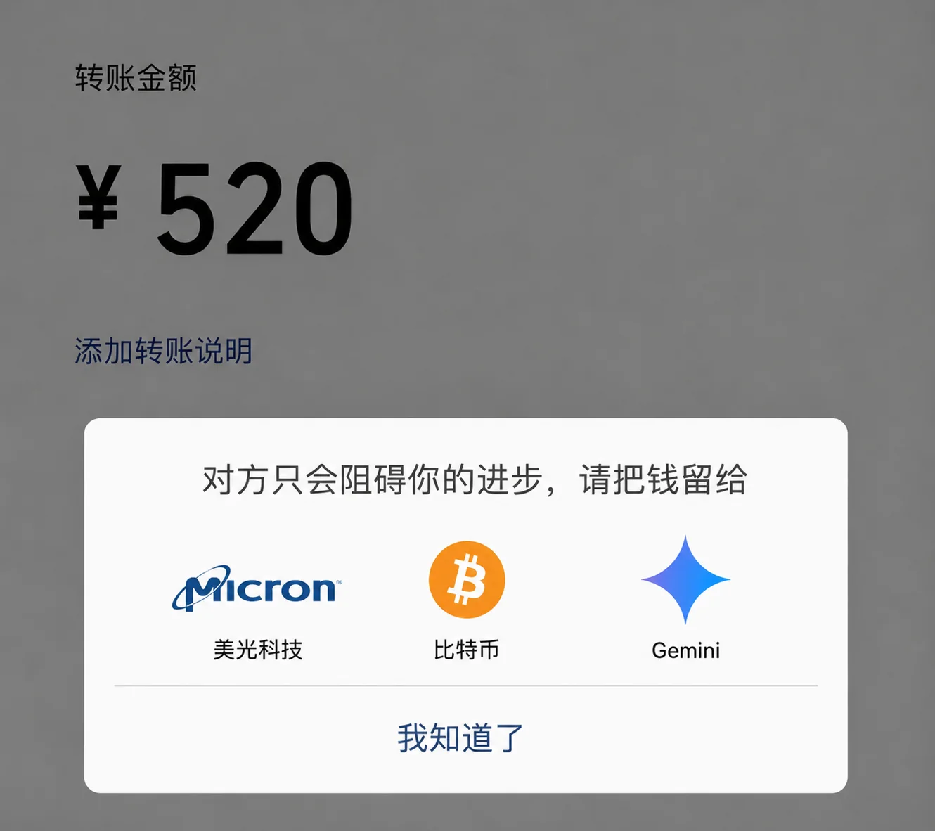 微信转账截图,金额 ¥520,弹窗写着「请把钱留给美光、比特币和 Gemini」 /images/posts/1000094439.webp